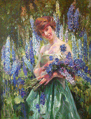 Colorful painting of a woman standing in a field of blue and purple flowers, holding a bouquet of the same flowers. She wears a green dress and has reddish brown hair.